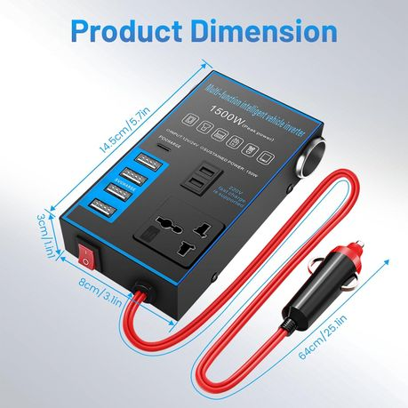 1500W Car Power Inverter - 12V/24V, 4 USB Ports, Fast Charging