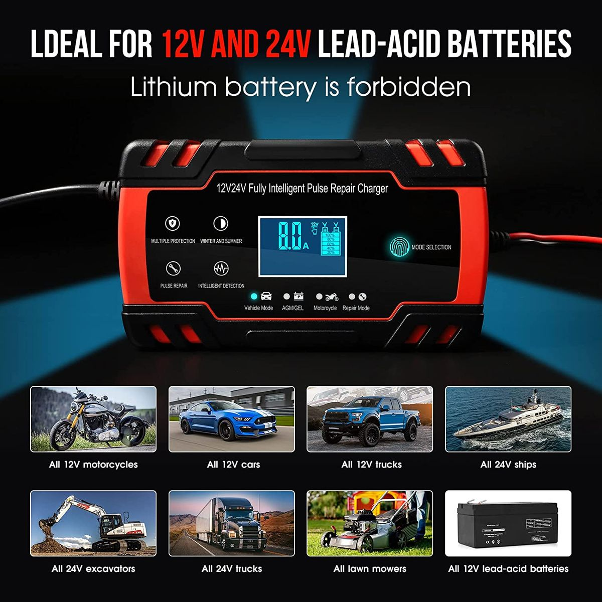 8A 12V/4A 24V, Car Battery charger