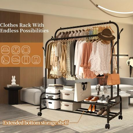 150cm Sturdy Metal Double Rodding Clothes Rack With Wheels