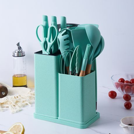 Silicone Kitchenware Kit 19 Pieces Knife & Spoon Set With Storage Rack Green