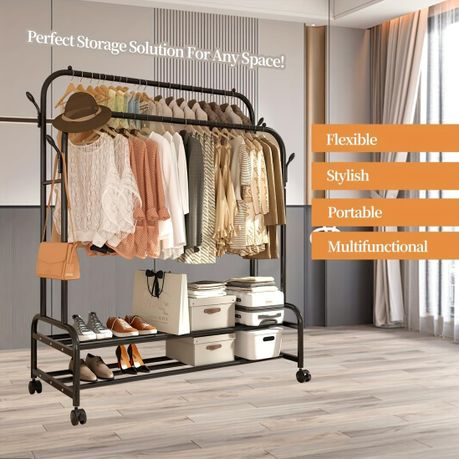 150cm Sturdy Metal Double Rodding Clothes Rack With Wheels