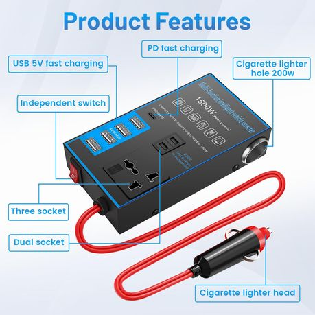 1500W Car Power Inverter - 12V/24V, 4 USB Ports, Fast Charging