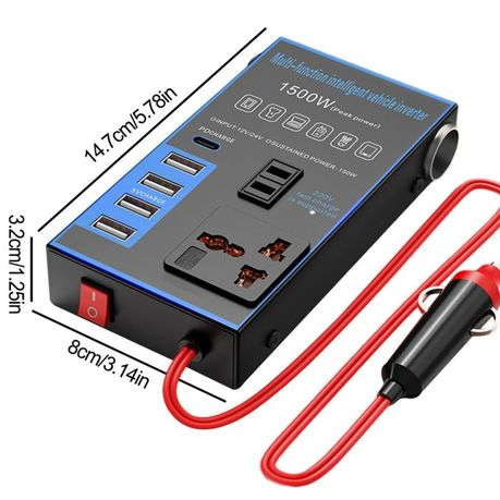 1500W Car Power Inverter - 12V/24V, 4 USB Ports, Fast Charging