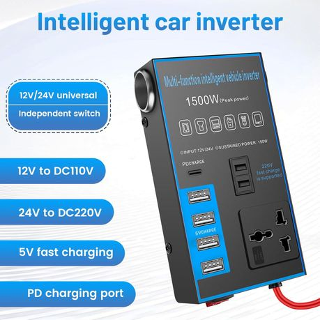 1500W Car Power Inverter - 12V/24V, 4 USB Ports, Fast Charging