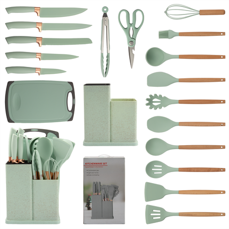 Silicone Kitchenware Kit 19 Pieces Knife & Spoon Set With Storage Rack Light Green