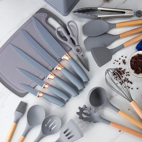 Silicone Kitchenware Kit 19 Pieces Knife & Spoon Set With Storage Rack Green Grey