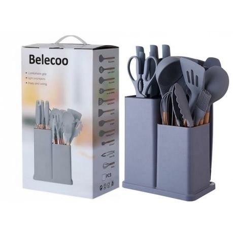 Silicone Kitchenware Kit 19 Pieces Knife & Spoon Set With Storage Rack Green Grey