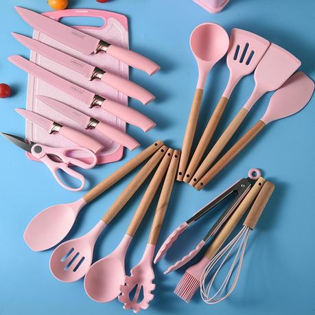 Silicone Kitchenware Kit 19 Pieces Knife & Spoon Set With Storage Rack pink