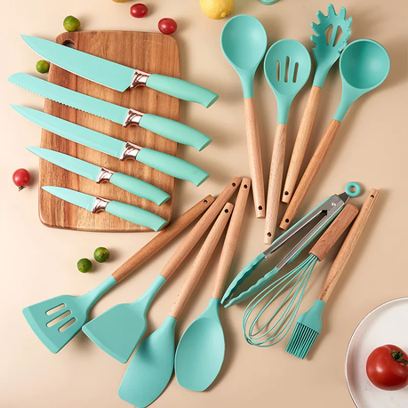 Silicone Kitchenware Kit 19 Pieces Knife & Spoon Set With Storage Rack Green