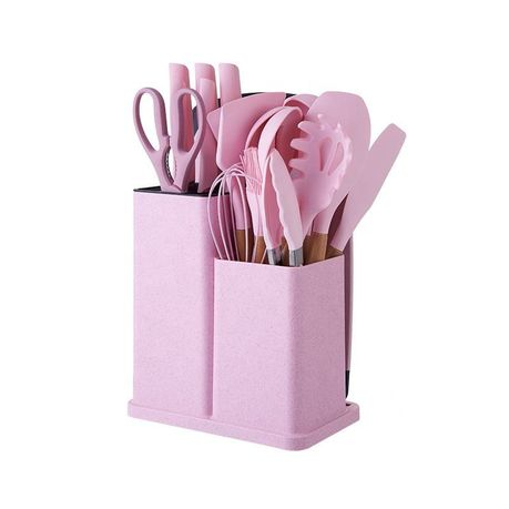 Silicone Kitchenware Kit 19 Pieces Knife & Spoon Set With Storage Rack pink