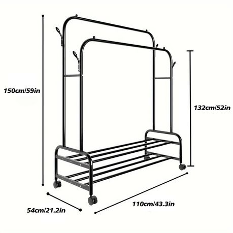 150cm Sturdy Metal Double Rodding Clothes Rack With Wheels