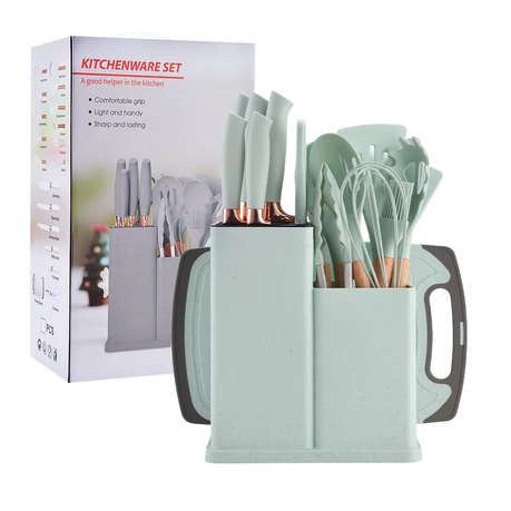 Silicone Kitchenware Kit 19 Pieces Knife & Spoon Set With Storage Rack Light Green
