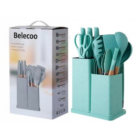 Silicone Kitchenware Kit 19 Pieces Knife & Spoon Set With Storage Rack Light Green