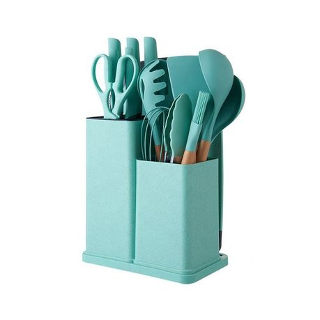 Silicone Kitchenware Kit 19 Pieces Knife & Spoon Set With Storage Rack Green